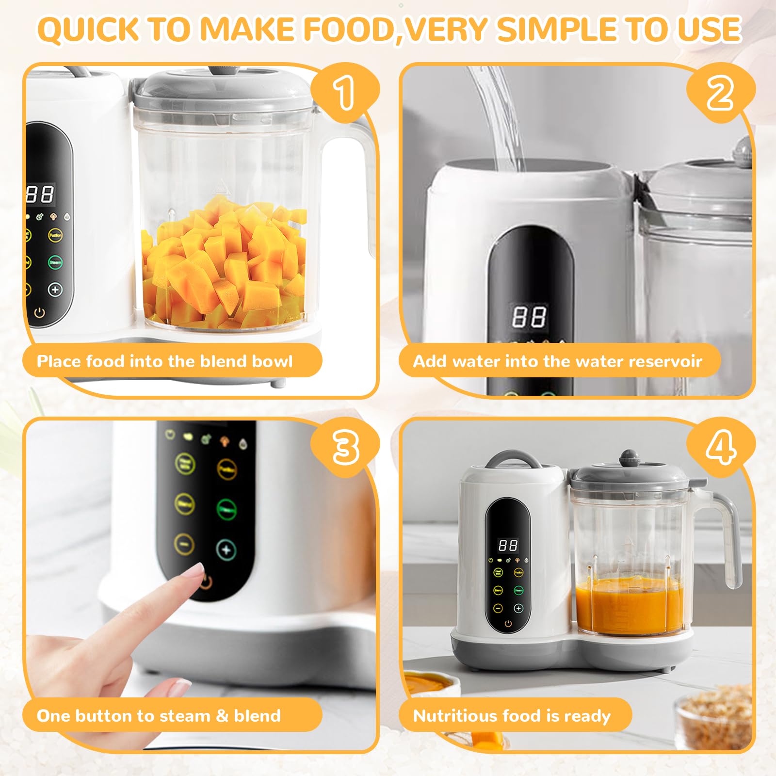 Robot Cuiseur Mixeur pour Bébés, Cuiseur Mixeur Multifonctions, Robot Cuiseur Bebe, Cuisson et Mixage Automatiques, Vapeur, Pulse, Stérilise, Nettoyage Automatique, Écran Tactile, 400ML