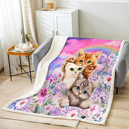 Manfei Manta Kawaii de gatos, manta de cama floral en acuarela para niños y niñas, decoración de habitación de nubes arcoíris para sofá, manta de