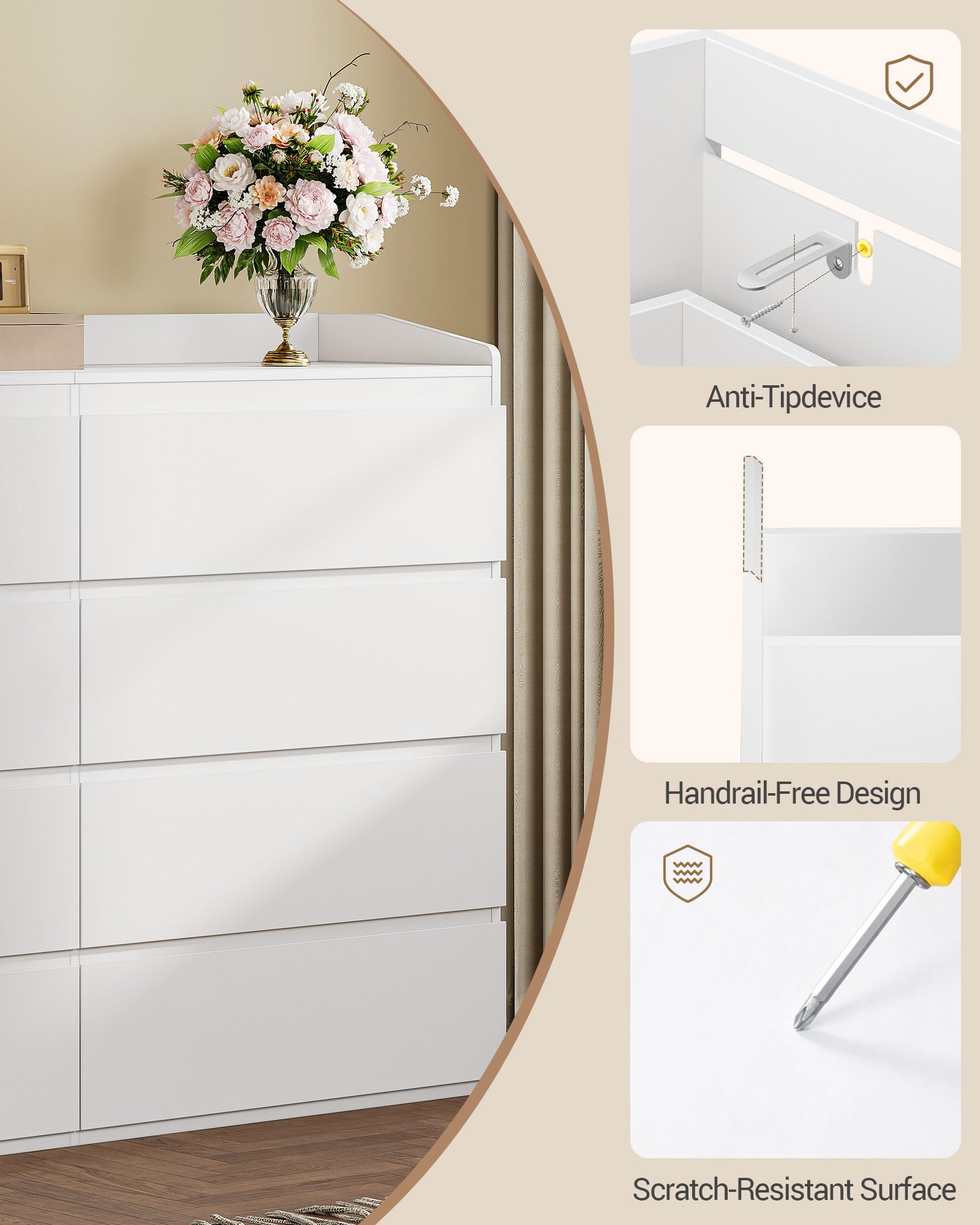 Hzuaneri Cassettiera, 8 cassetti, Mobile Laterale con Piano di Lavoro, Armadietto con Corrimano Superiore, Mobile Ingresso, Stile Moderno, Adatto per Soggiorno, Camera da Letto, Bianco DC32903X