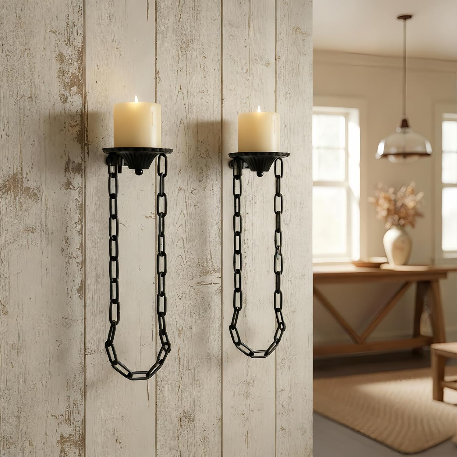 Candle Sconce(Set of 2)-Medieval Metal Wall Decorations-Gothic Retro Chain Wall Candle Sconces-Black Wall Sconces