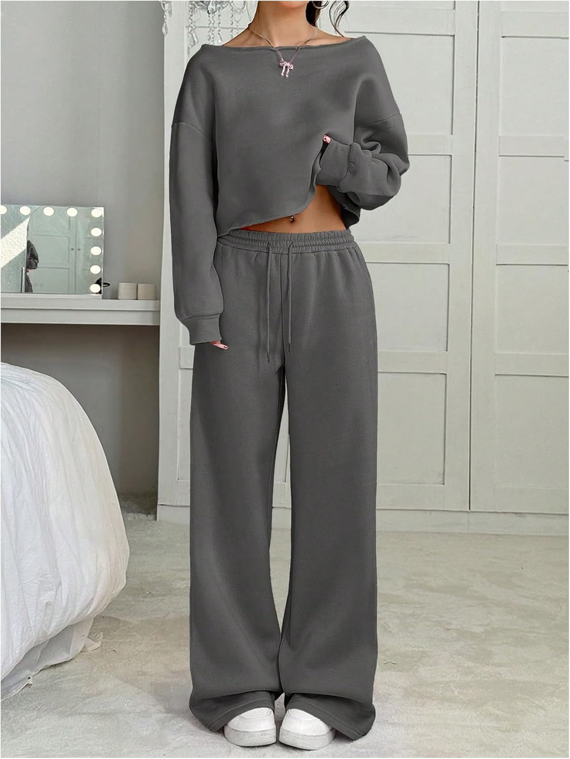 SOLY HUX Women's 2 Piece Outfits Fall Sweatsuits Off The Shoulder Crop Top Wide Leg Sweatpants Casual Matching Lounge Sets