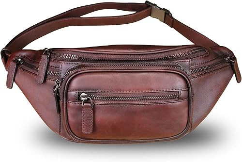 Vista 3 de Cangurera de cuero genuino para mujeres y hombres, riñonera de cuero, bolso bandolera de moda, bolso cruzado de hombro, mochila (café)