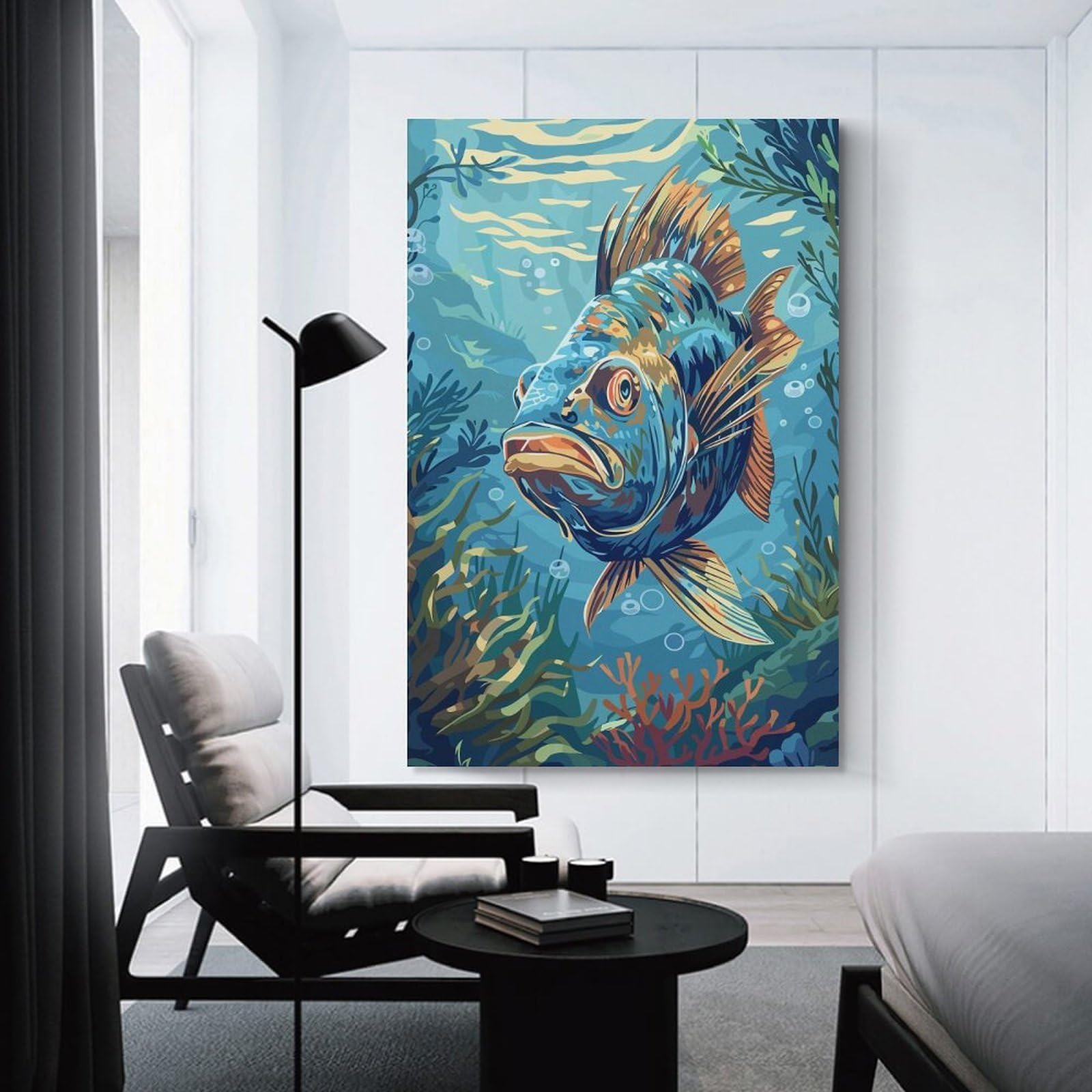 Junmoney Underwater Fish Illustration Canvas Wall Decor, 12x18inch(30x45cm), for Gallery Wall Decor And Room Displays, Wall Decor Suited to Curated Displays