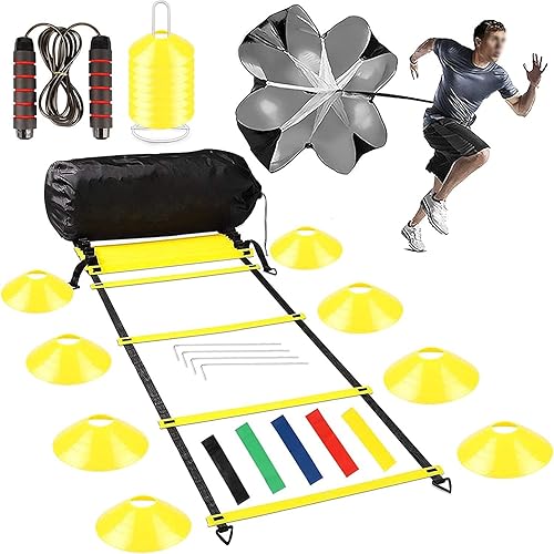Speed Training Equipment for Soccer Agility Ladder with16 Rung, Resistance Parachute, Jump Rope, 5 Sports Bands,16 Cones Workout Ladder for Ground Increase Football Fitness Feet Speed & Footwork-26Ft