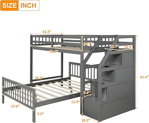 Miniatura 2 de SOFTSEA Litera en forma de L con escaleras, litera de madera individual sobre cama matrimonial para niños