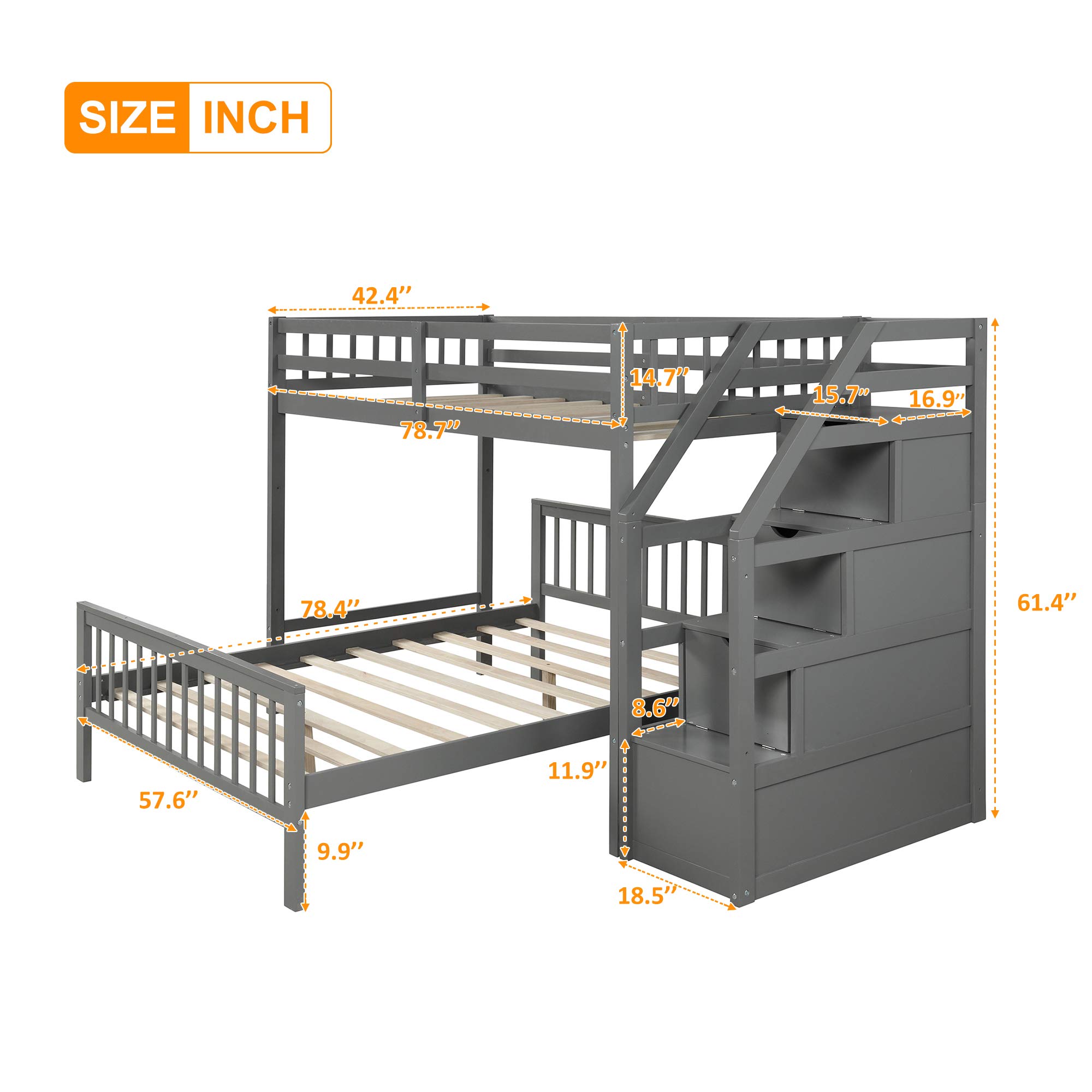 Twin Over Full Loft Bed for Kids Teens and Adults, Loft Bunk Bed Frame