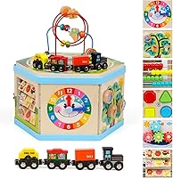 FOPNETS 9-in-1 Wooden Montessori Activity Cube for 1+ Year Olds - Bead Maze, Shape Sorter, Magnetic Train Toddler Learning Toy Birthday Gift