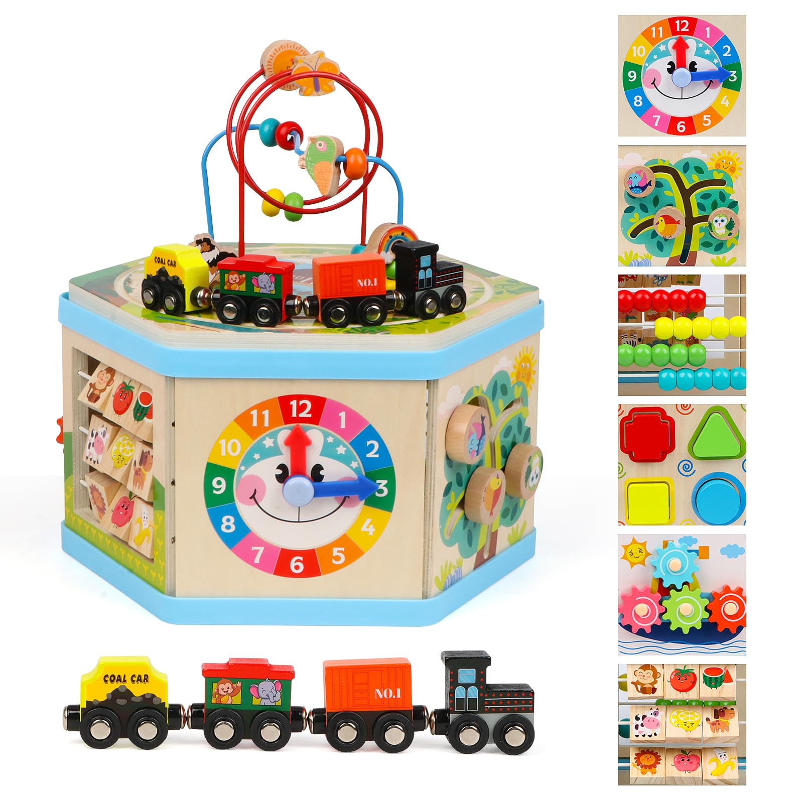 Wooden Activity Cube 9-in-1 Montessori Toys for 1+ Year Old Boys Girls Educational Learning Toys for Toddlers Age 1-2 One Year Old First Birthday Gift Bead Maze Magnetic Trains Track Shape Sorter