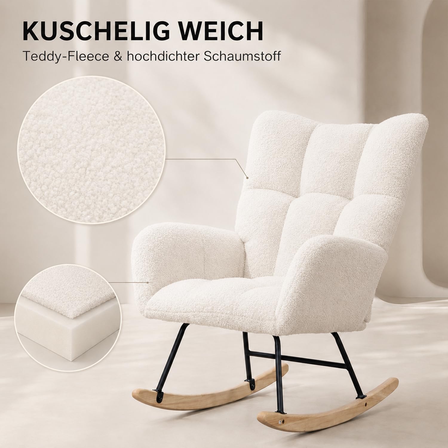Schaukelstuhl, Teddy Relaxsessel 120kg, 6 Farben，White