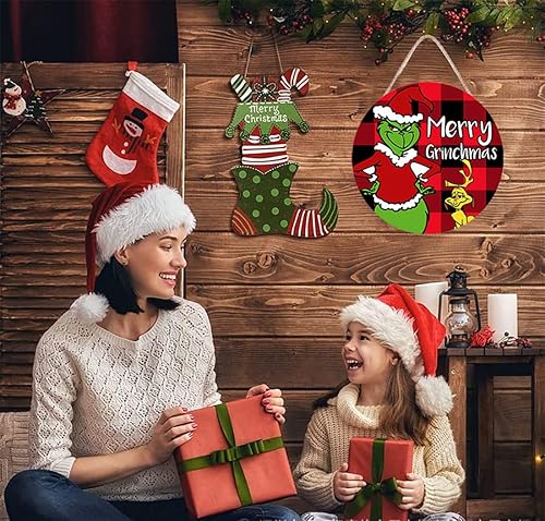 Miniatura 3 de Corona de Navidad, corona de Feliz Grinchmas para puerta delantera, decoraciones de Navidad, letreros de puerta de madera, decoración del hogar para