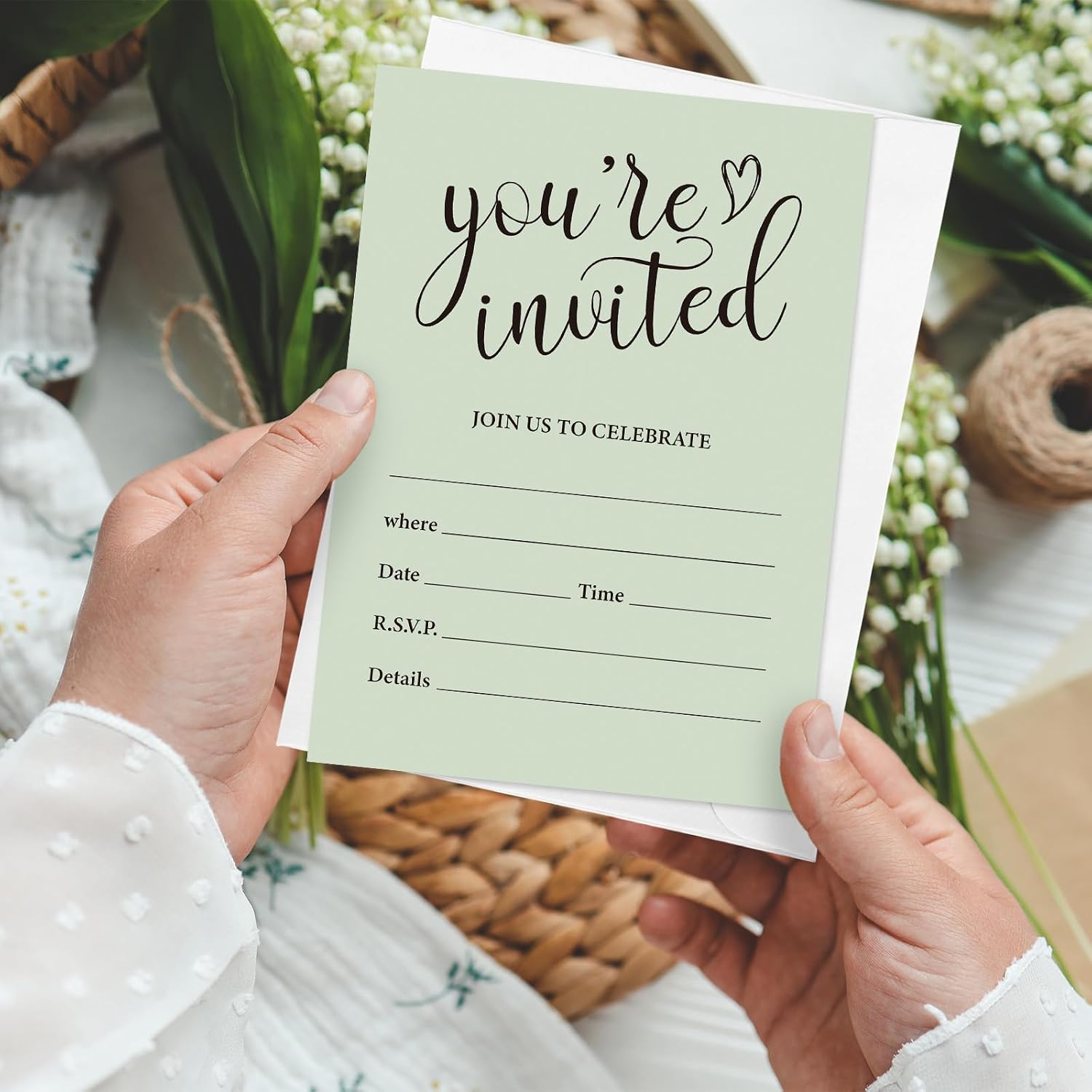 FYSUIMU 25 Set You're Invited Classic Invitations with Envelopes Sage Green Minimalist Design Paper Invites for Wedding Birthday Baby Bridal Shower, 5 x 7 Inch