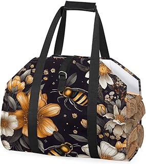 Honeybee Flowers Firewood Carrying Bag Firewood Log Tote Indoor Carrying Honeybee Bag Firewood Storage Bag Fire Log Rack Outdoor Fire Firewood Carrying Bag with Handles