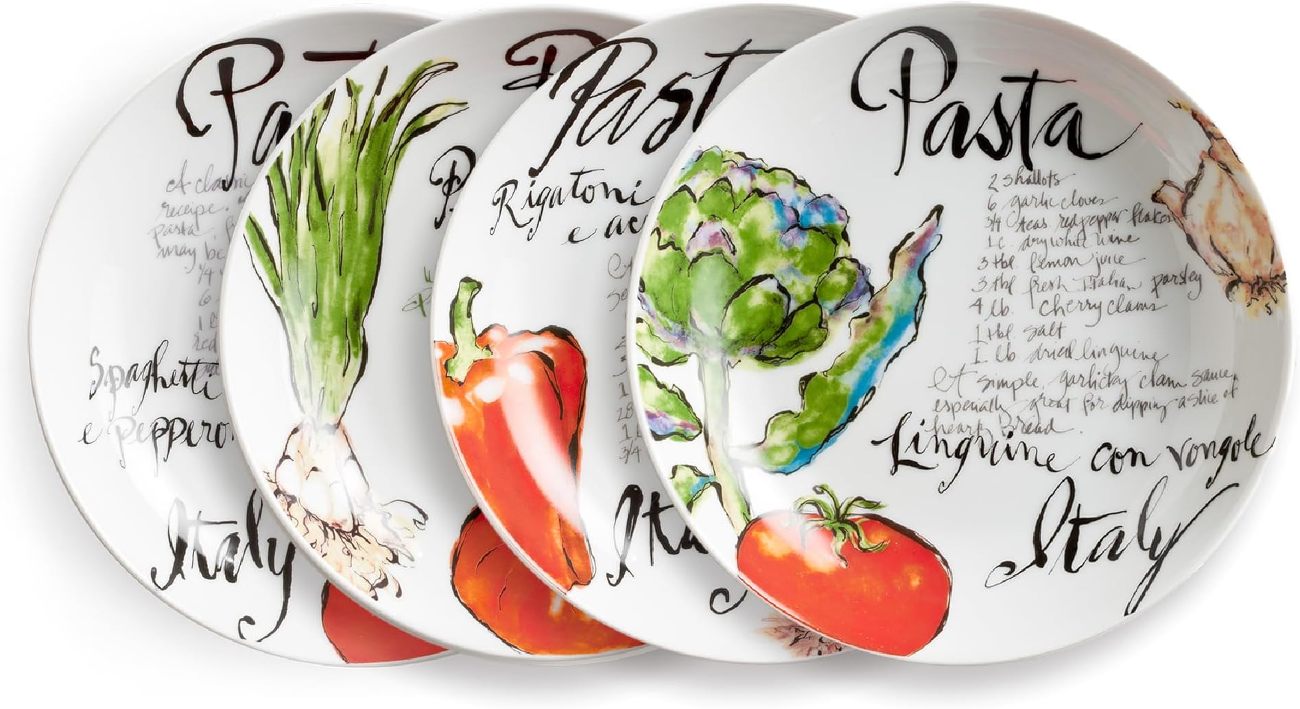 Italian Pasta Bowls, Set of 4, 8.25" – Porcelain Pasta Bowl, Perfect Shallow Bowls, Dishwasher & Microwave Safe, Porcelain Bowl Plates