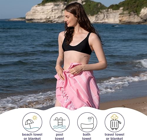 Miniatura 6 de Juego de 4 toallas de playa turcas de gran tamaño de 38 x 71 pulgadas, 100% algodón turco, ligeras, sin arena, de secado rápido, toallas de baño