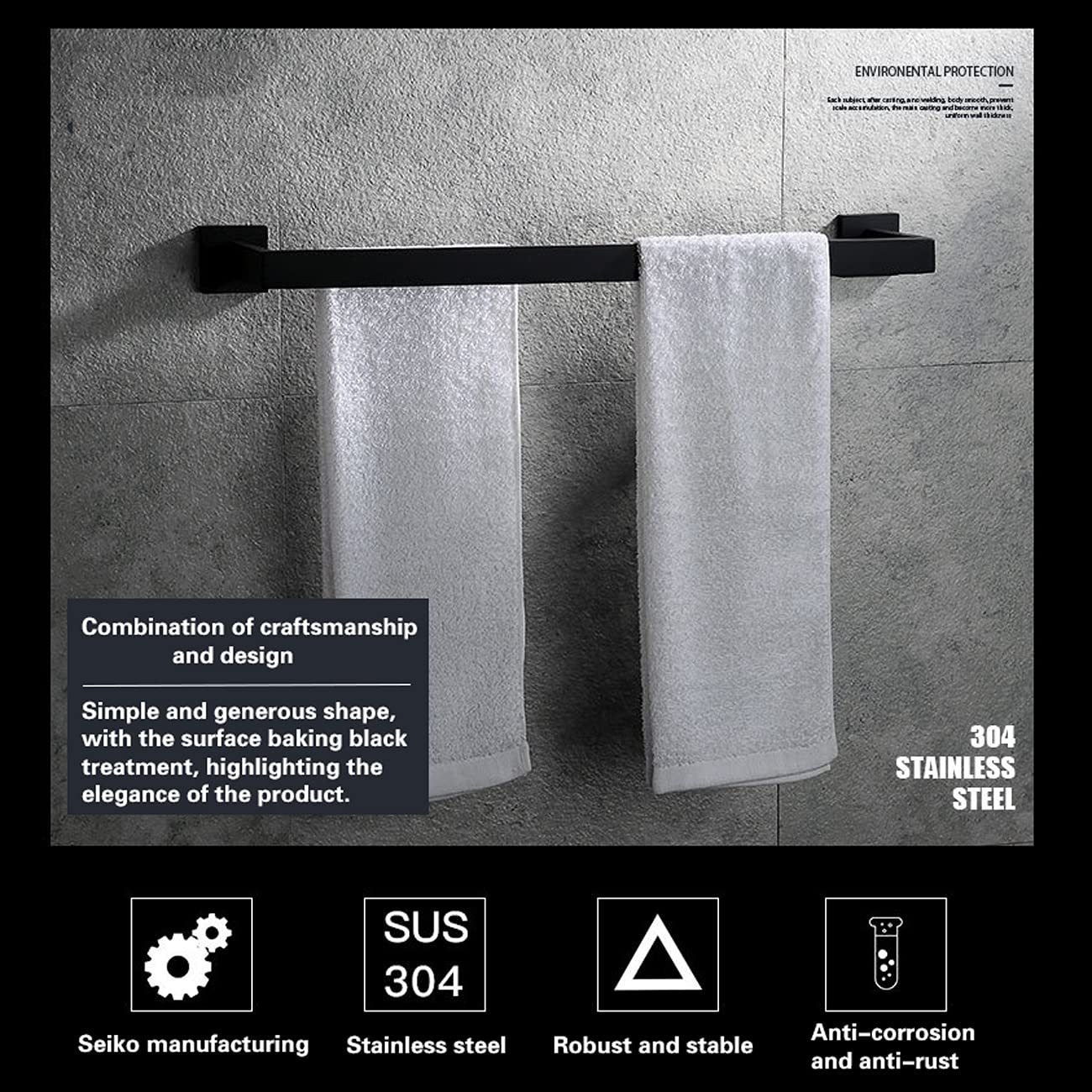 Portasciugamani da 23 Pollici Portasciugamani da Bagno a Parete con Doppio portasciugamani, portasciugamani a Parete in Acciaio Inox SUS304 portasciugamani da Bagno Nero Opaco (E)