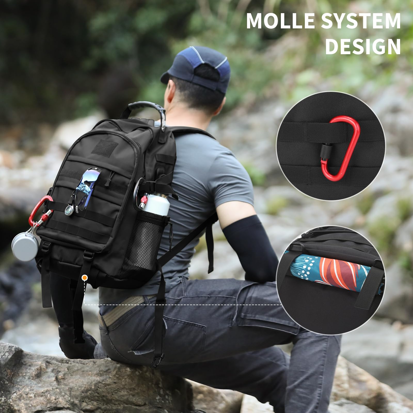 VINBAGGE 35L Zaino Tattico Militare Molle Zaino Moto Unisex Multifunzione da Assalto per Caccia Campeggio all'aperto Viaggio Escursionismo,Nero