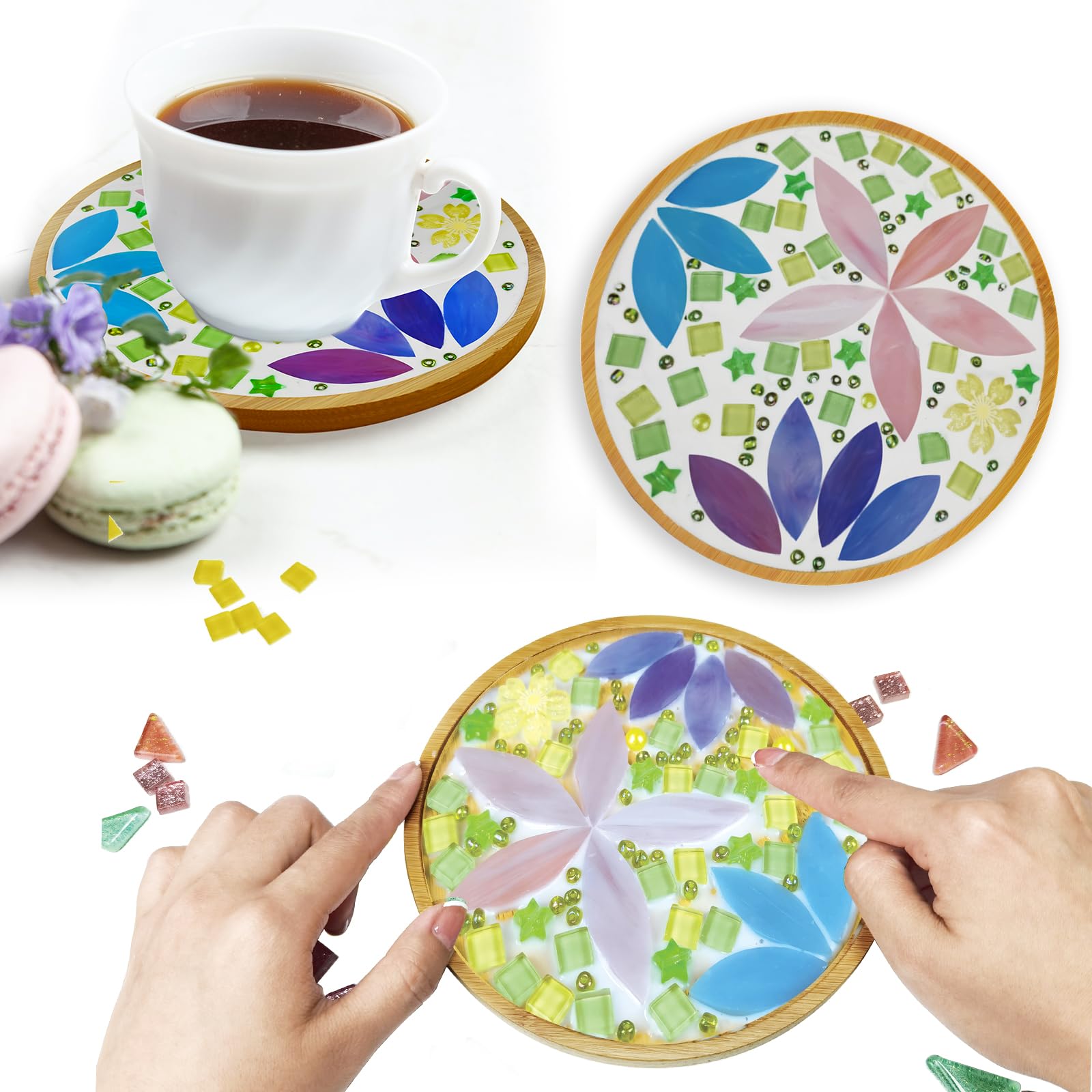 Coaster with Glass Mosaic Tiles, Mosaic Kit with 6.1 inch Bamboo Coaster, Crafts for Adults Mixed Color Mosaic Kit, Mosaic Crafts Materials Package, Household Decoration, Daily Gift, Home Decoration