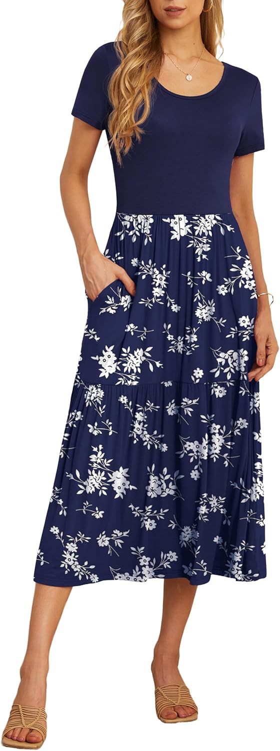 GRECERELLE Women's Summer Casual Short Sleeve Crewneck Tiered Flowy Maxi Long Dress with Pockets (S-2XL)