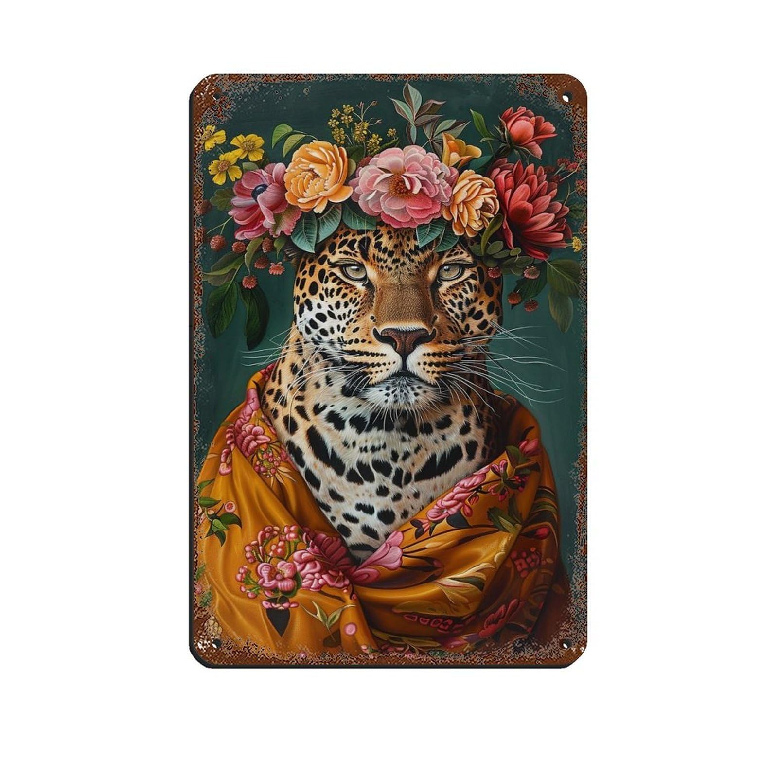 Vintage Maximalist Floral Leopard Painting Poster Tin Sign Vintage Metal Pub Club Cafe Bar Home Wall Art Decoration Poster Retro 8x12inch(20x30cm)