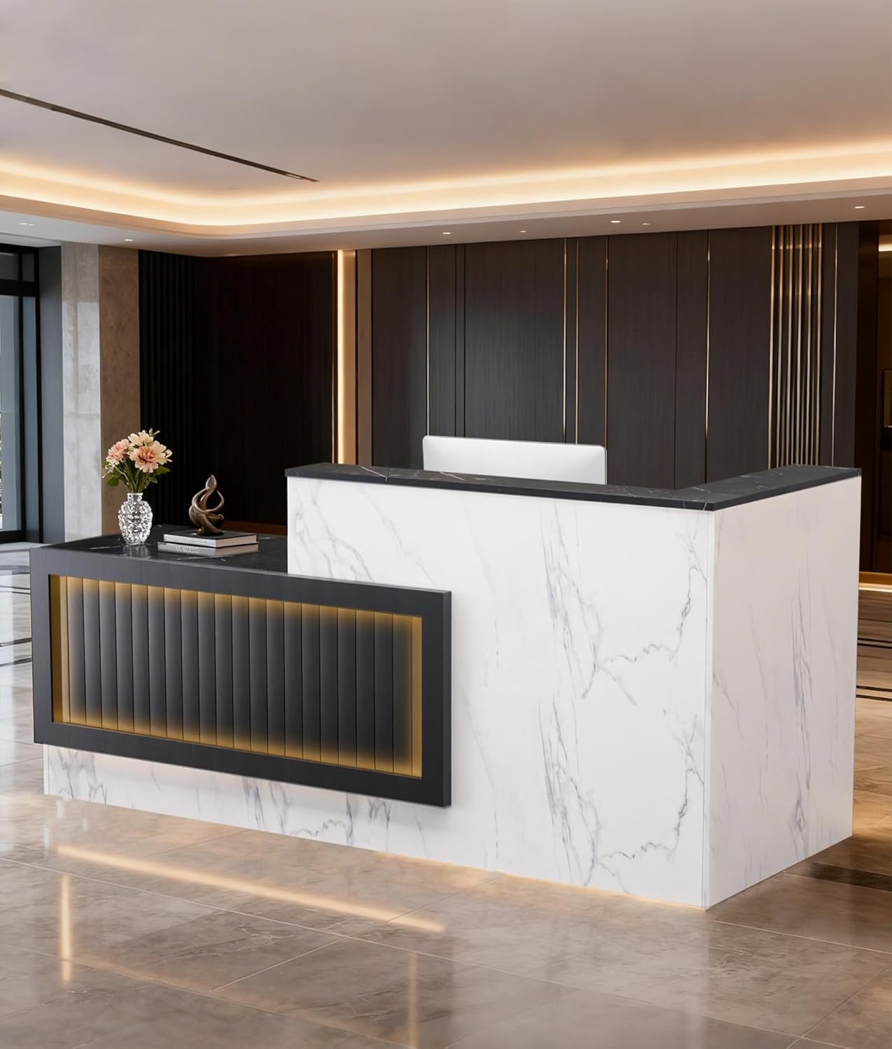 Ultral 70.87IN Modern Wooden Commercial L Shaped Reception Desk with Counter, Lockable Drawers, Door Cabinet, Front Desk for Checkout, Salon, Black and White with Light, Left Cabinet