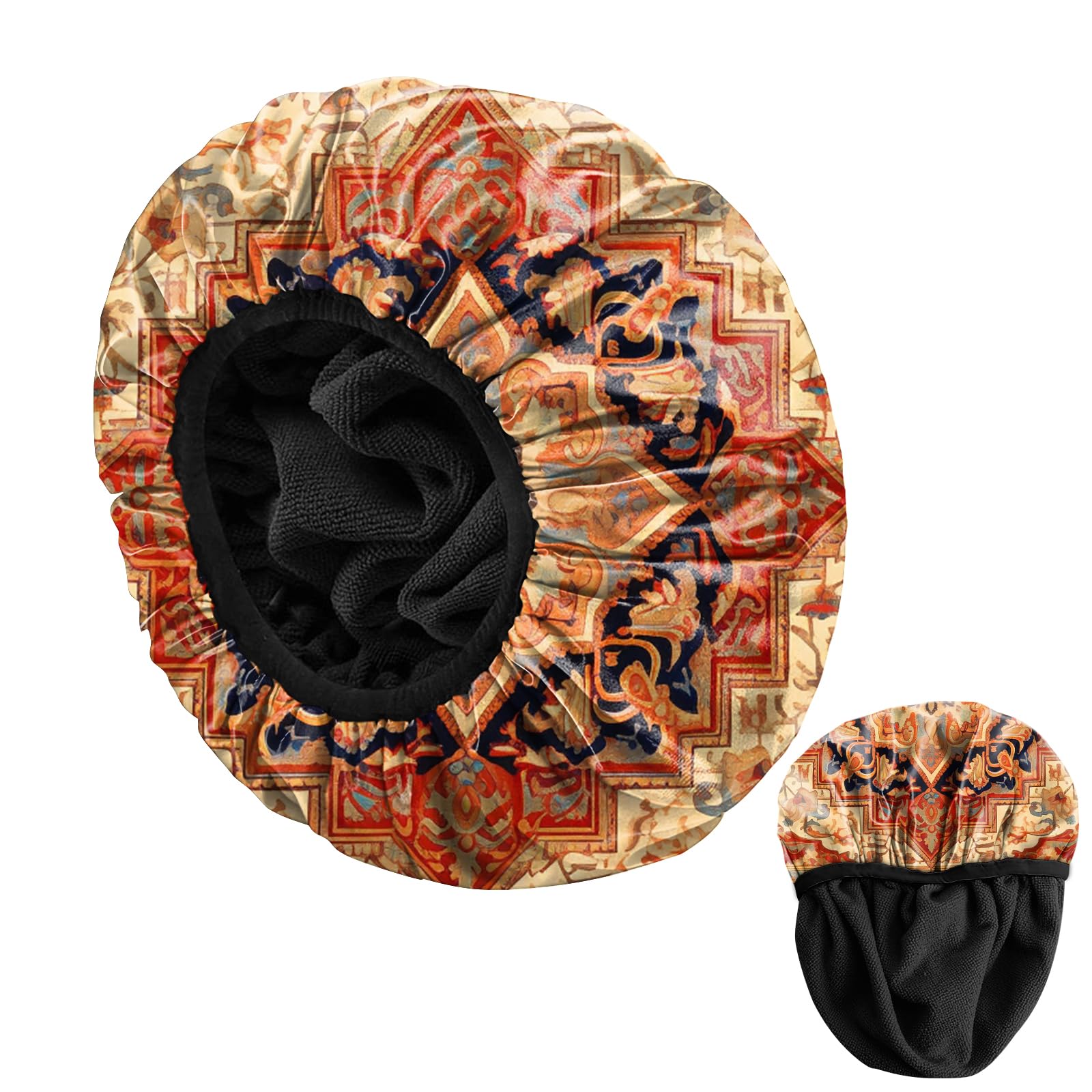 BHAHB Luxury Shower Cap Reusable Terry Cloth Lined EVA Triple Waterproof Layer Elastic Hair Bath Caps for Women Girls Cute-Boho 2