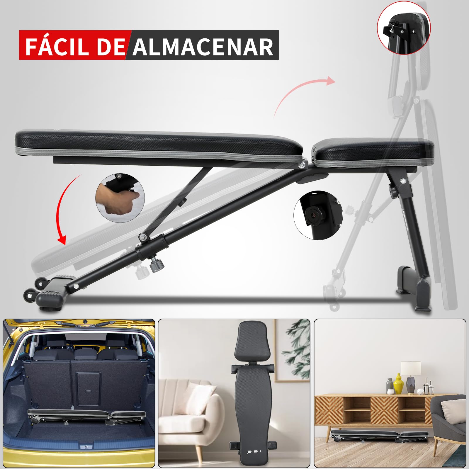 ISE Banco de Pesas Musculación Ajustable Plegable Multifuncional Inclinable Reclinable, Banco de Peso Plano Declinado Inclinado Abdominales para Fitness Entrenamiento Profesional con Respaldo