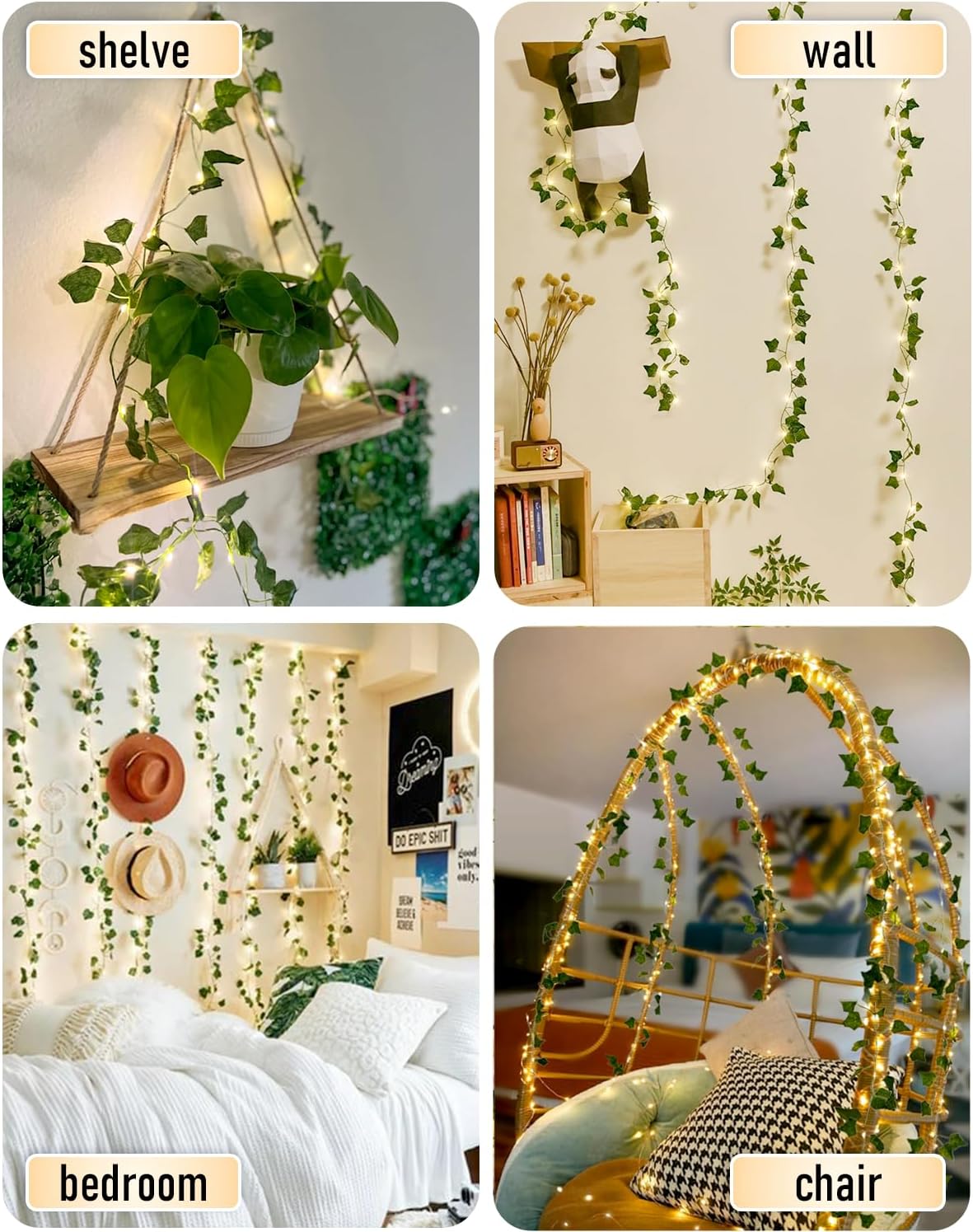 JMEXSUSS 100 LED Vines with Lights Plug in, Ivy Vines with Fairy Lights with Remote, 33 FT Leaf String Lights Waterproof for Room Bedroom Wall Fireplace Wedding Decoration（Warm White）