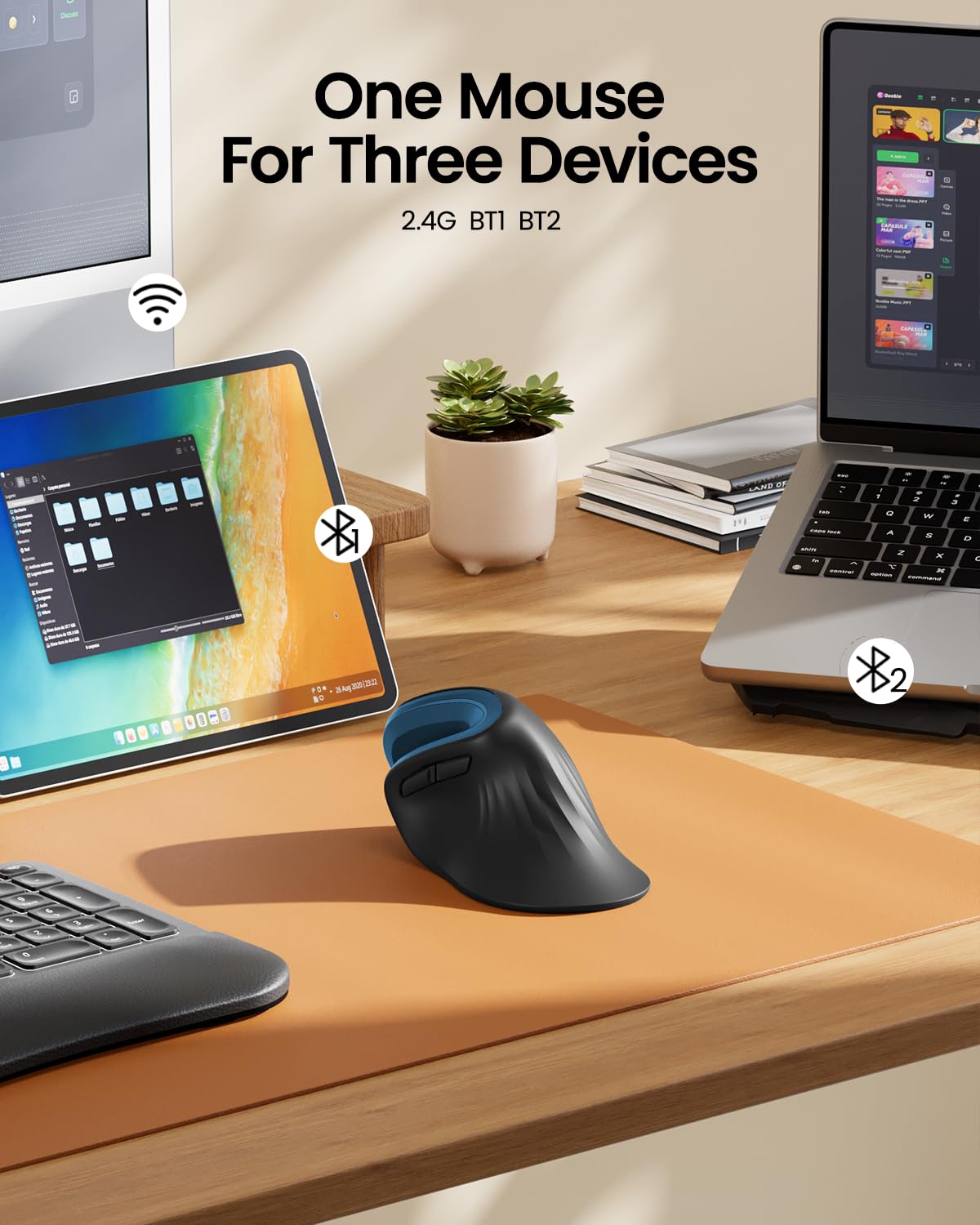 ProtoArc EM11 NL Mouse Ergonomico Verticale Senza Fili, Ottico Ricaricabile Con 3 Porte Dispositivi (2*Bluetooth & USB), 3 DPI Regolabili per Computer, iPad, Mac, Windows - Nero Blu