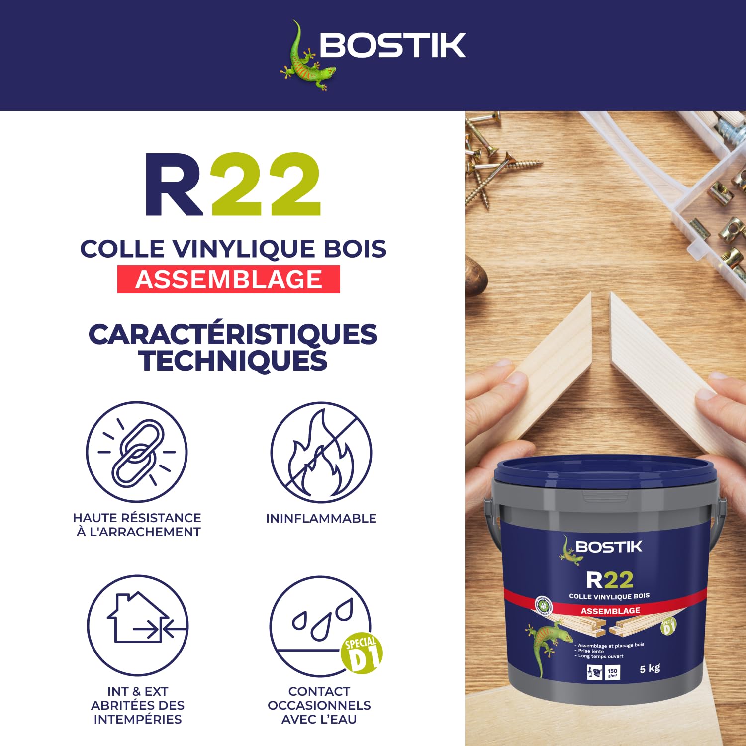 Bostik Colle Vinylique Bois R22 - Prise Lente - Colle d'Assemblage et de Placage du Bois - D1 Menuiseries Intérieures - Meubles - Blanc - Seau de 5 kg