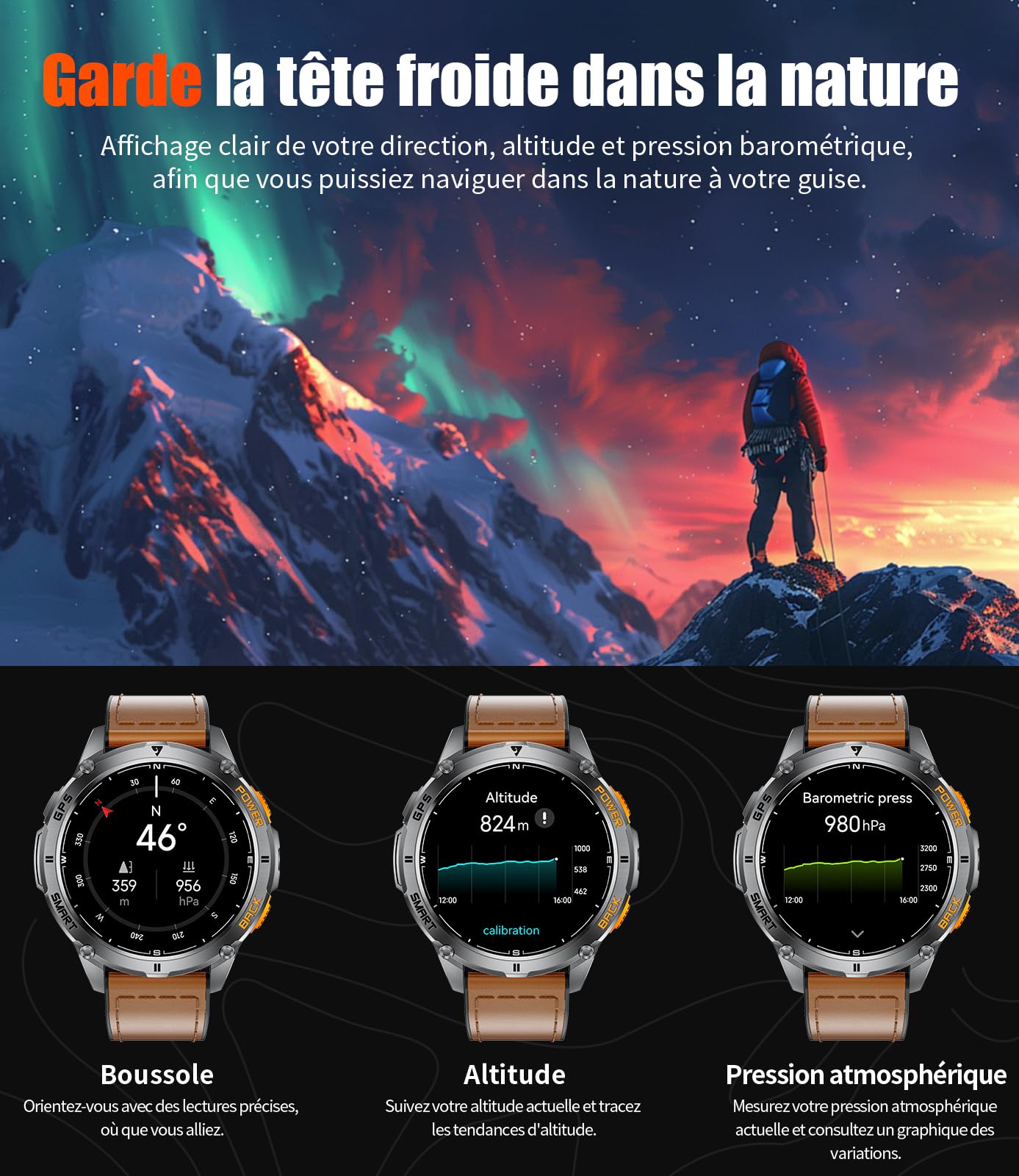 LIGE GPS Montre Connectée Homme avec Appel Bluetooth, 1.43"AMOLED Montre Podometre avec Lampe Poche LED, Batterie 530mAh/110+modes Sportifs/Suivi de la santé/Baromètre/Boussole/Altimètre, Android iOS