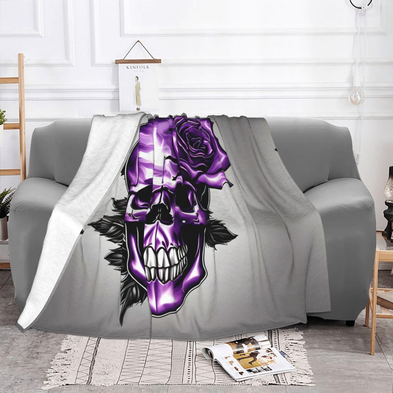 Gewichtete Decke mit lila Rosen und Totenkopf, 76,2 x 101,6 cm, weiches Flanell, wendbar, gemütlich, extra warm, Decke für Bett, Couch