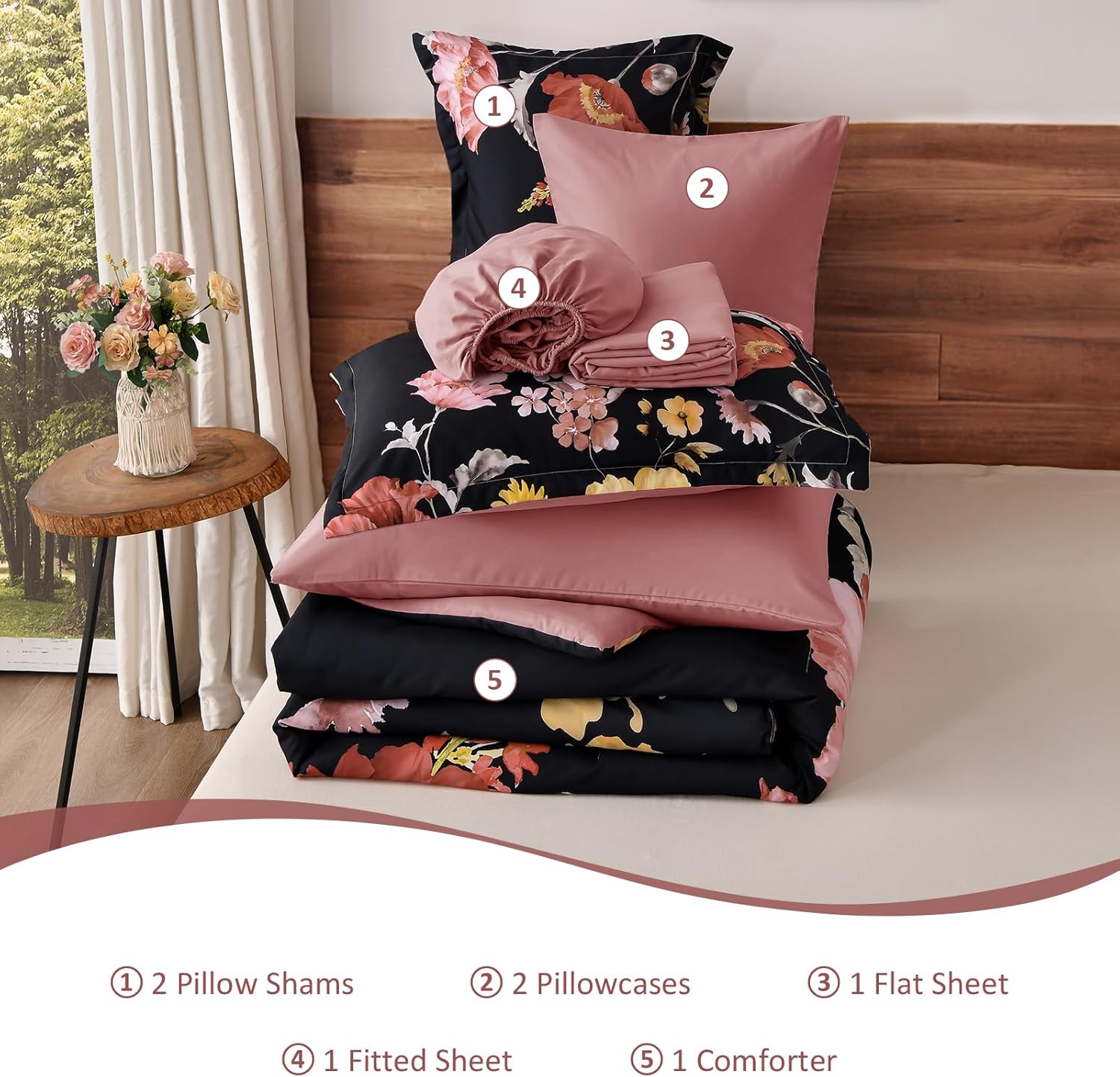 DJY Floral King Comforter Set - 7 Pieces Black & Blush Floral Bed in a Bag with Flower Leaves Pattern, Soft Microfiber Botanical Comforter and Sheet Set, All Season Bedding Set (104''x90'') - Image 9