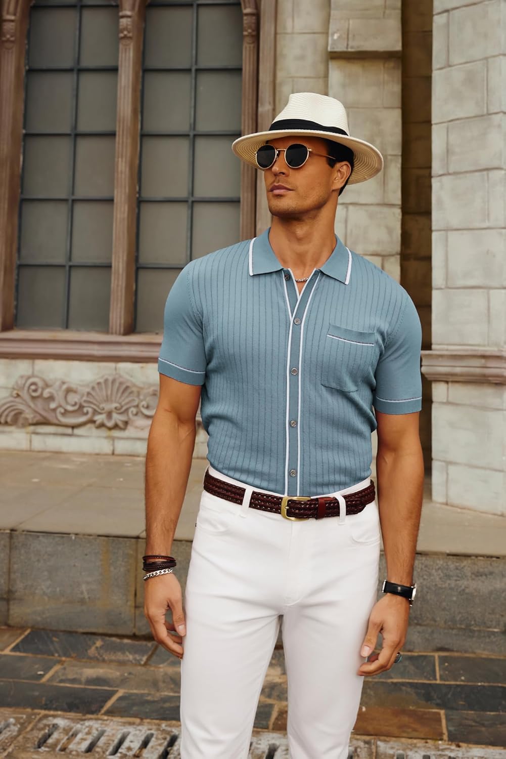 PJ PAUL JONES Mens Knit Shirts Short Sleeve Button Down Casual Shirt Vintage Old Money Polo Shirts Vacation Beach Tops