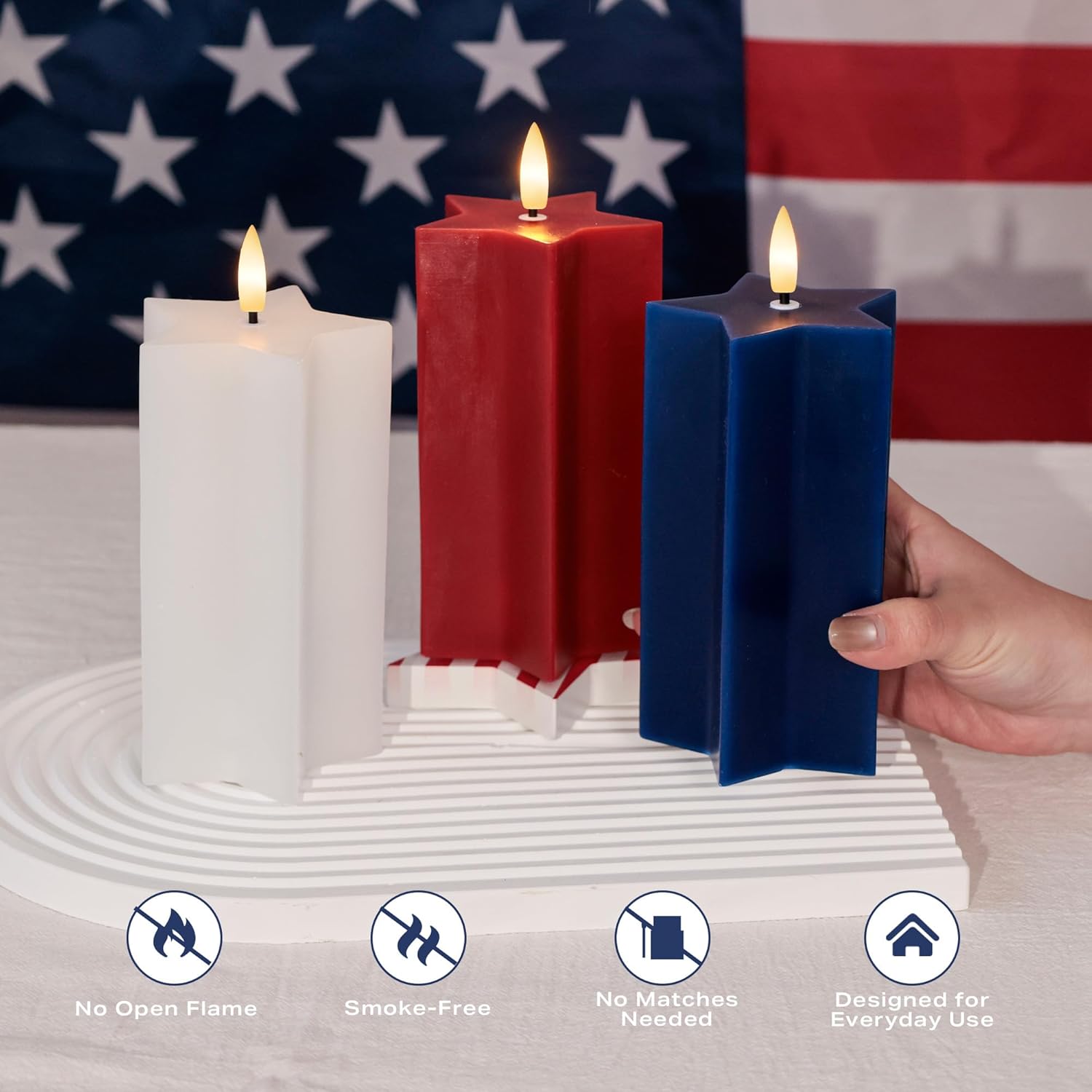 4th of July Flameless Candles with Remote, Red White and Blue Patriotic LED Candles, Battery Operated Star Shaped Decorative Candles for Independence Day Home Party Decor, Set of 3