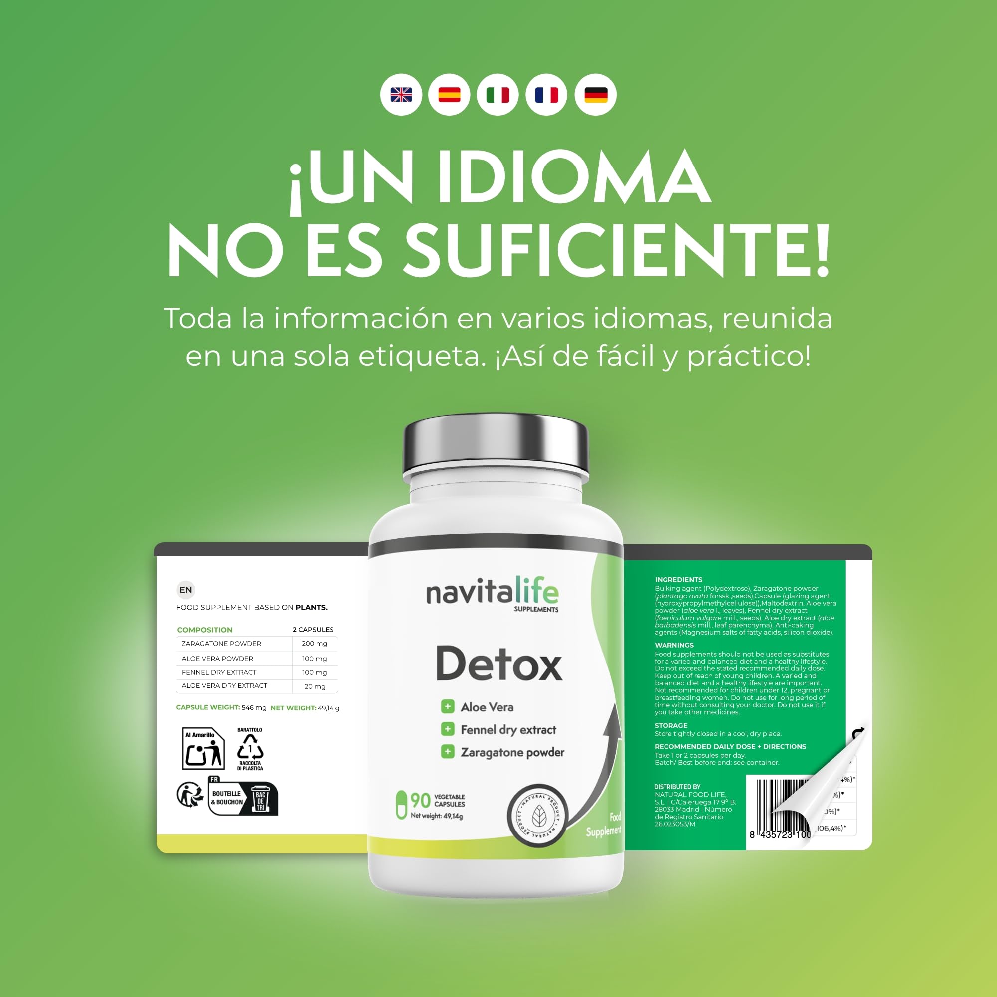 Detox.Suplemento de Aloe Vera con Hinojo y Zaragatona | 90 Cápsulas (hasta 90 días) | Ideal para Rutinas Desordenadas | Navitalife