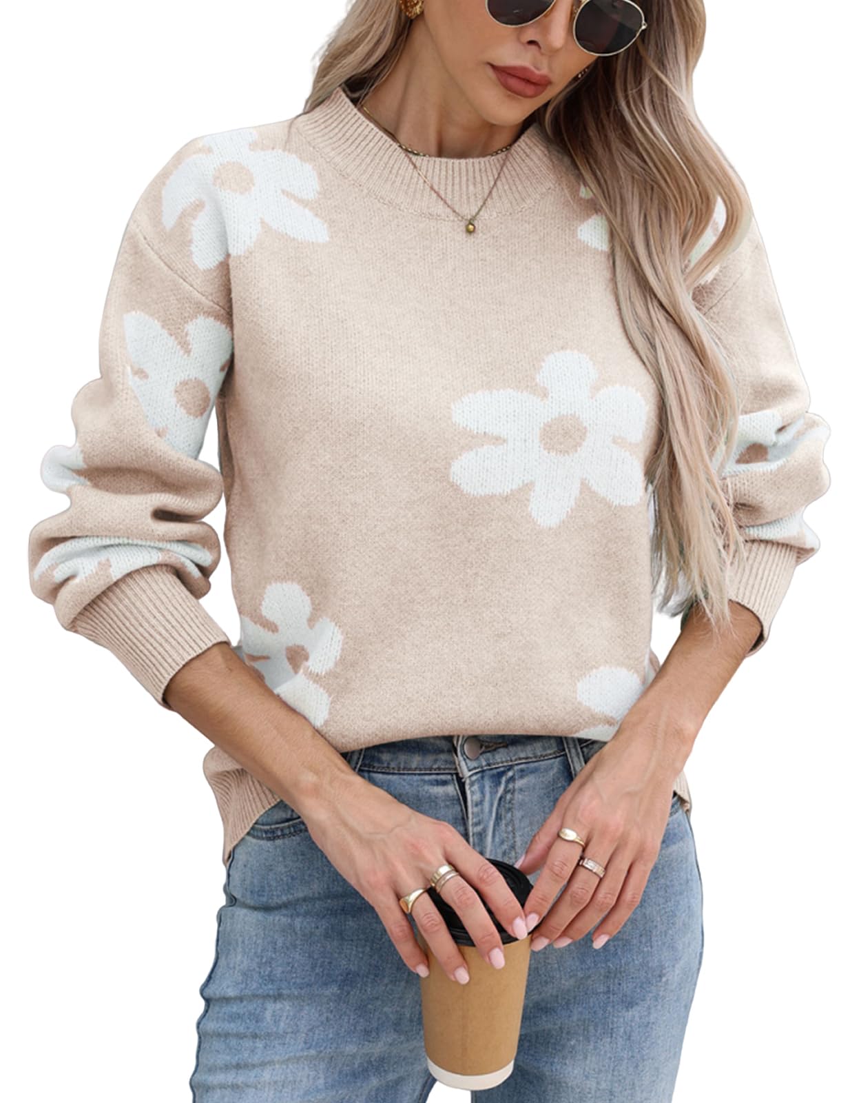 shermie Womens Floral Sweaters 2025 Fall Winter Loose Casua Long Sleeve Mock Neck Pullover Sweaters