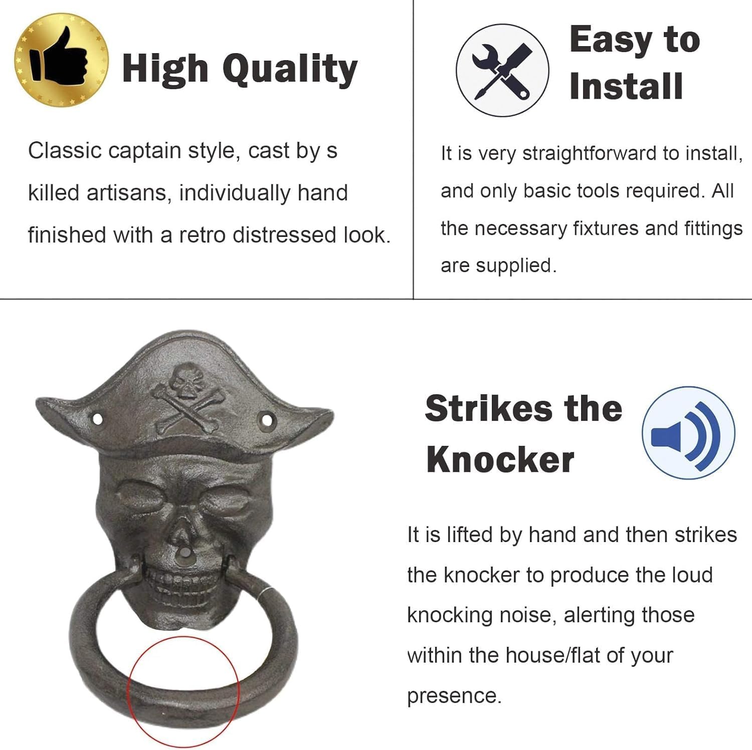 Door Knocker Door Knocker Cast Iron Captain Door Knock Vintage Front Door Door Handle for Home Door Ring Knocker with Pull Ring Unique