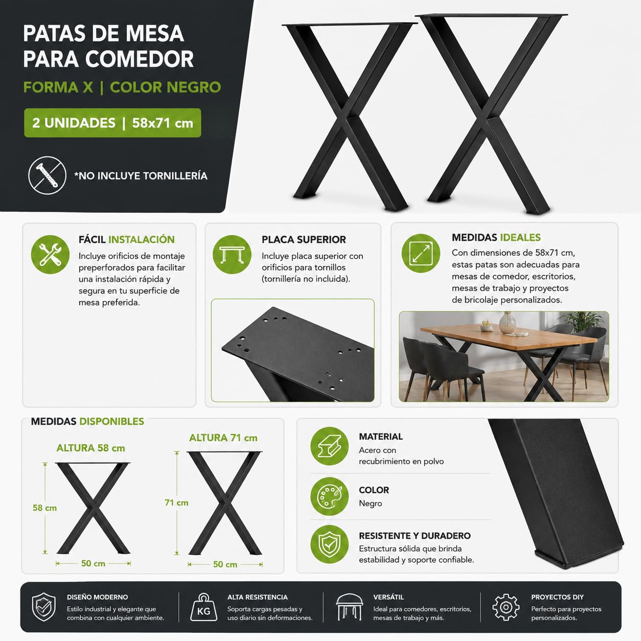 Patas para Mesa de Comedor | Negro | 58x71cm | 2 Unidades