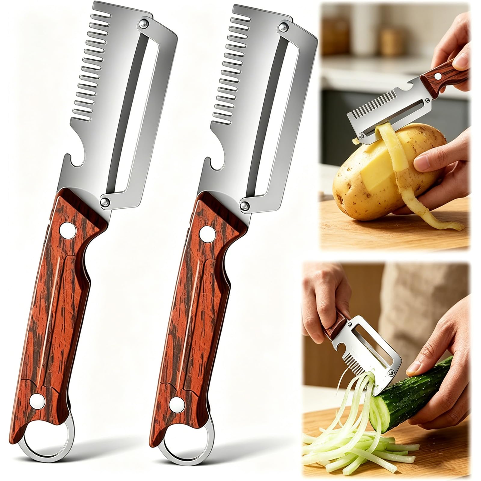 Photo 1 of 2-Pack Multifunctional Vegetable Peeler, 3 in 1 Kitchen Peeler with Wooden Handle, Bottle Opener & Storage Hanging Hole, for Fruits and Vegetables