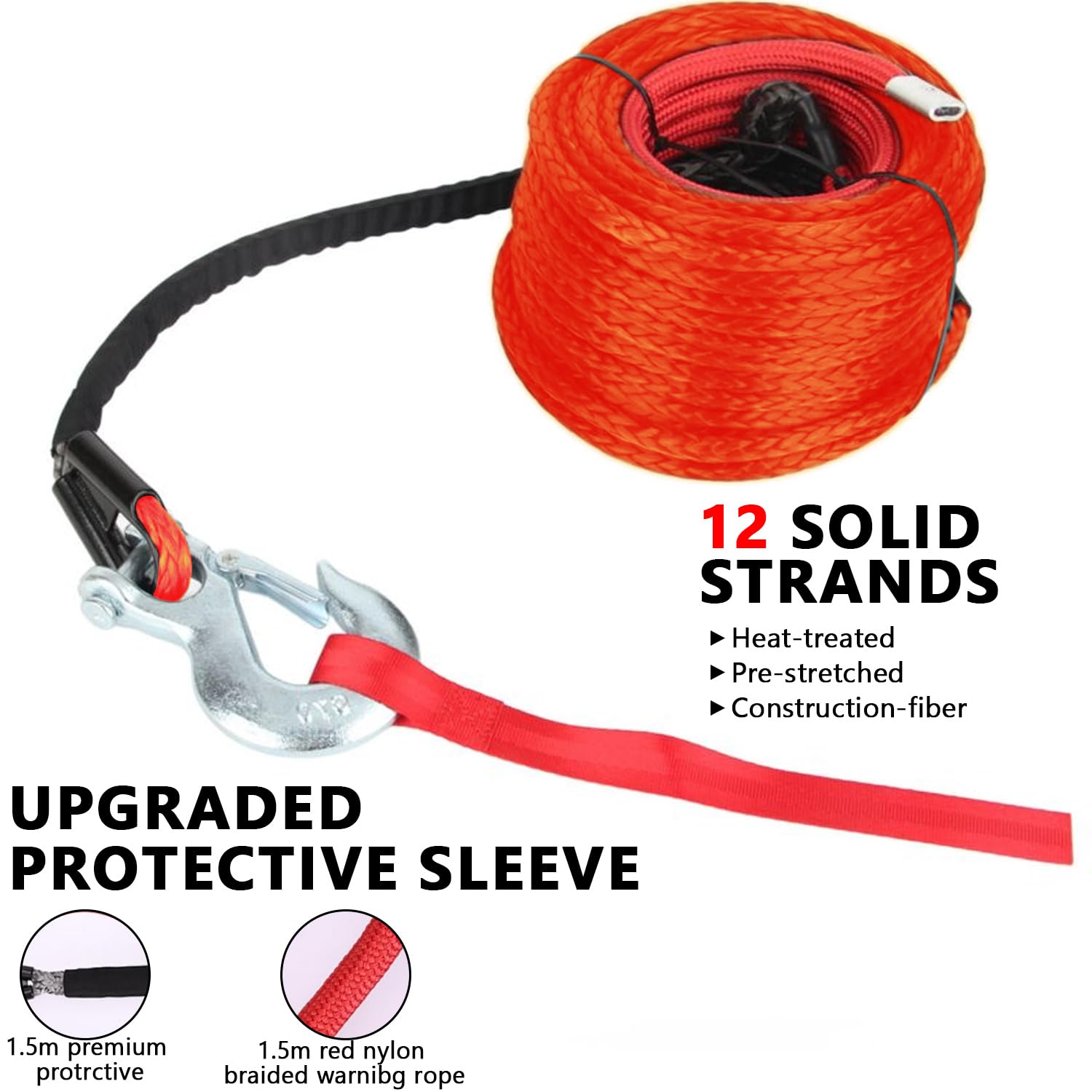 Winch Cable, 8 mm x 15 m Cuerda Cabrestante, Cuerda Sintética 12 Hilos con Funda Protectora y Gancho Metálico, Cuerda Forestal, Fuerza Tracción Máxima 6000 kg, para ATV, UTV, SUV, Todoterreno