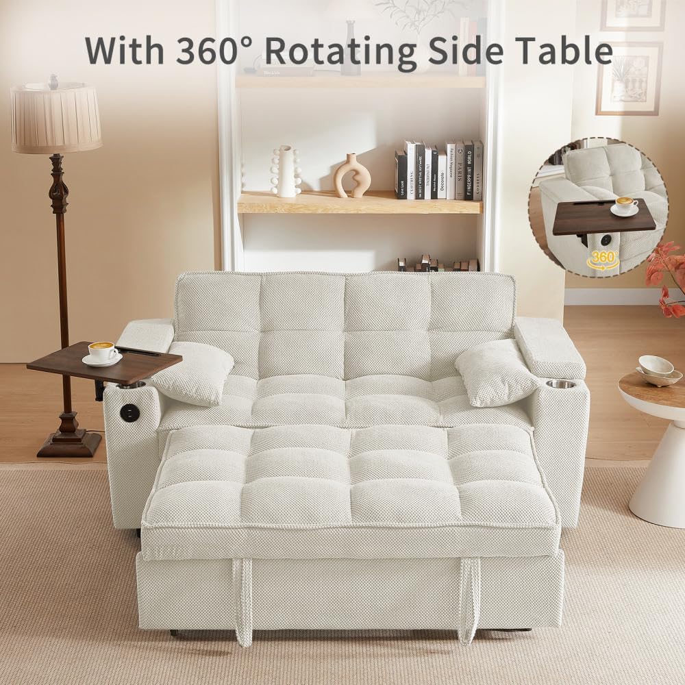 65 Sleeper Sofa Bed Adjustable Backrest Chaise Lounge USB/Type-C Ports Modern Beige