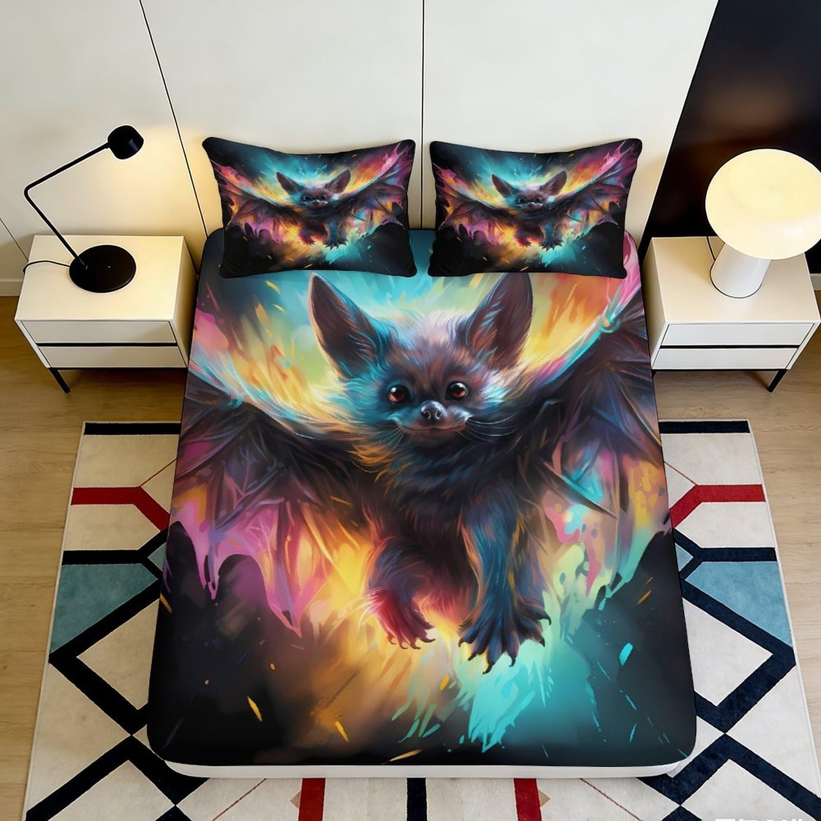 3D Printed Fantasy Bat Fitted Sheet Microfiber Deep Pocket Non-Slip Bedroom Bat Mattress Fitted Cover for Adults Teenagers 200x200x25cm 90x200x25cm