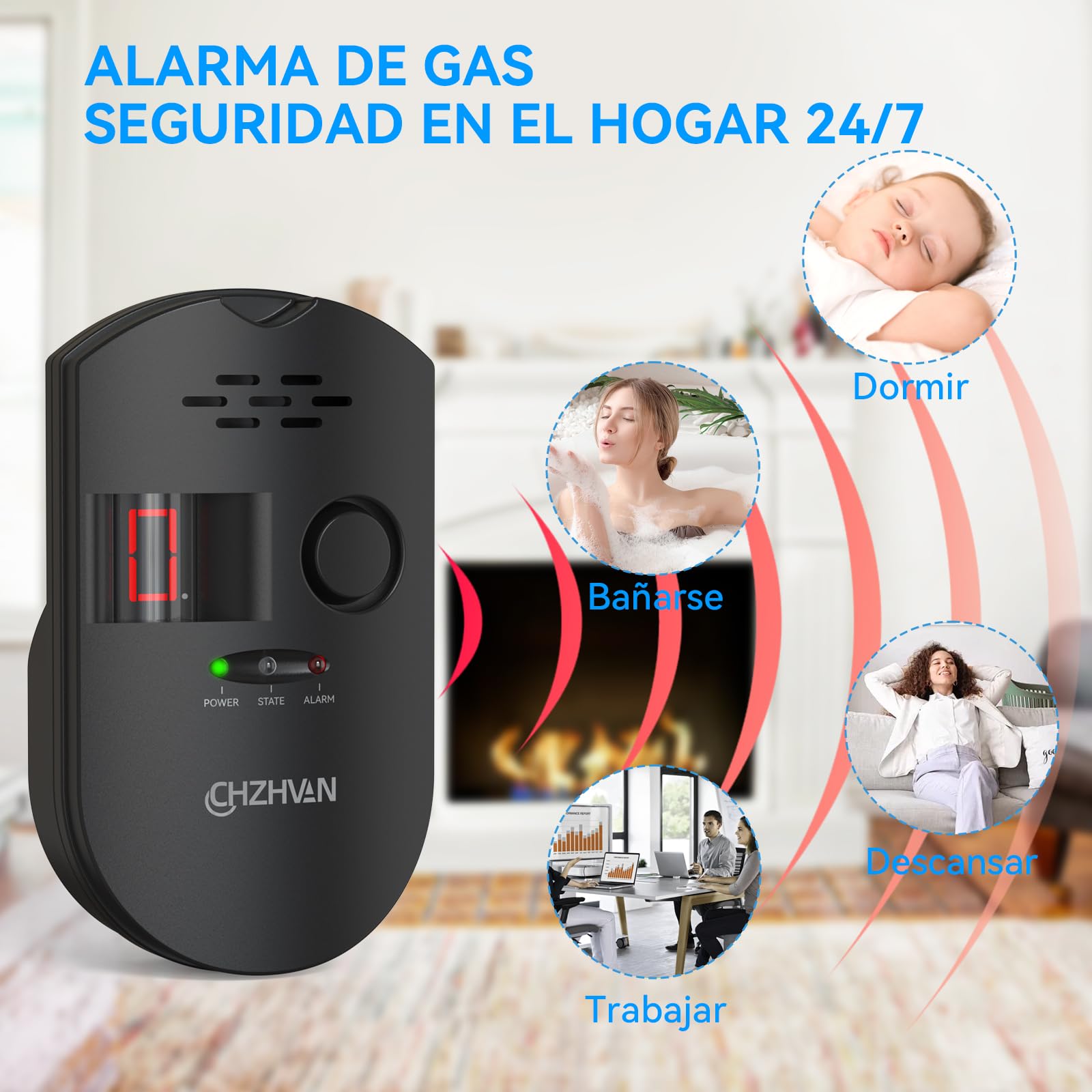 Sensor Enchufable para Detector de Gas/Gas Natural/GLP Carbono con Alarma Sonora, Pantalla Digital LED, y Monitoreo para Metano, Propano, Butano Gases Combustibles