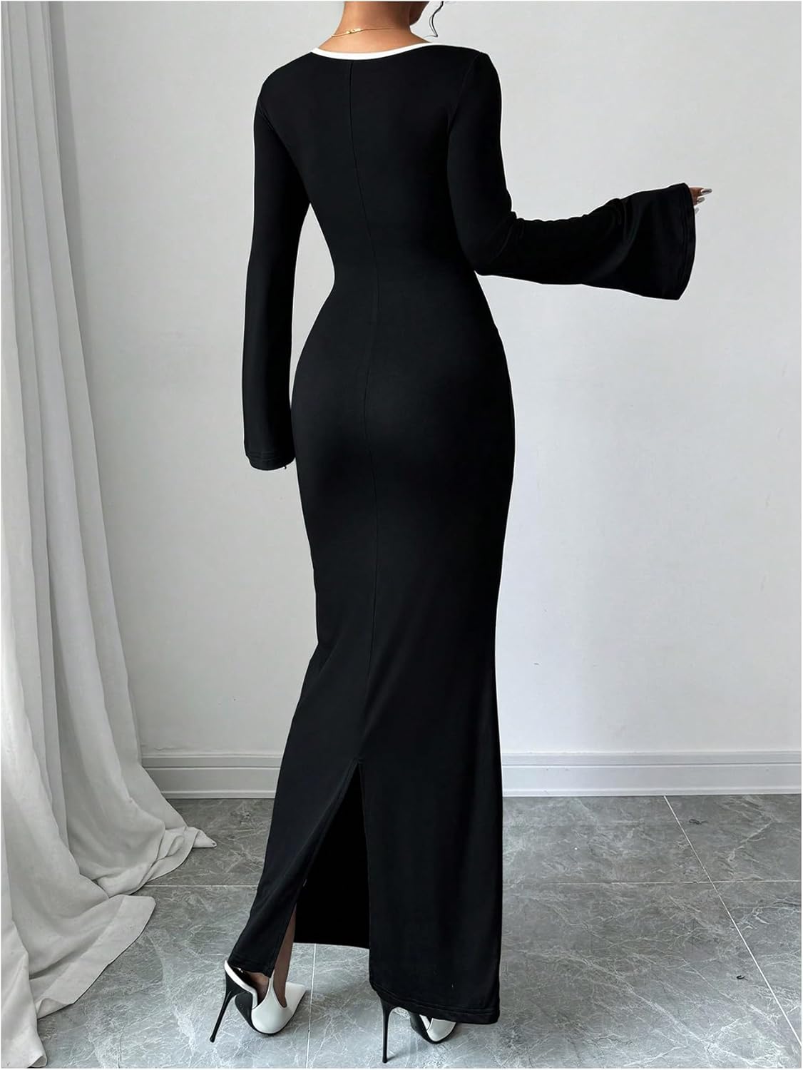 SOLY HUX Women's Maxi Dress Scoop Neck Bell Long Sleeve Contrast Binding Split Bodycon Long Dresses - Image 2