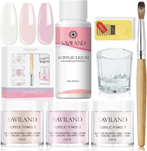 Saviland Acrylic Nail Kit with Powders, Liquid & Brush for Nail Salon