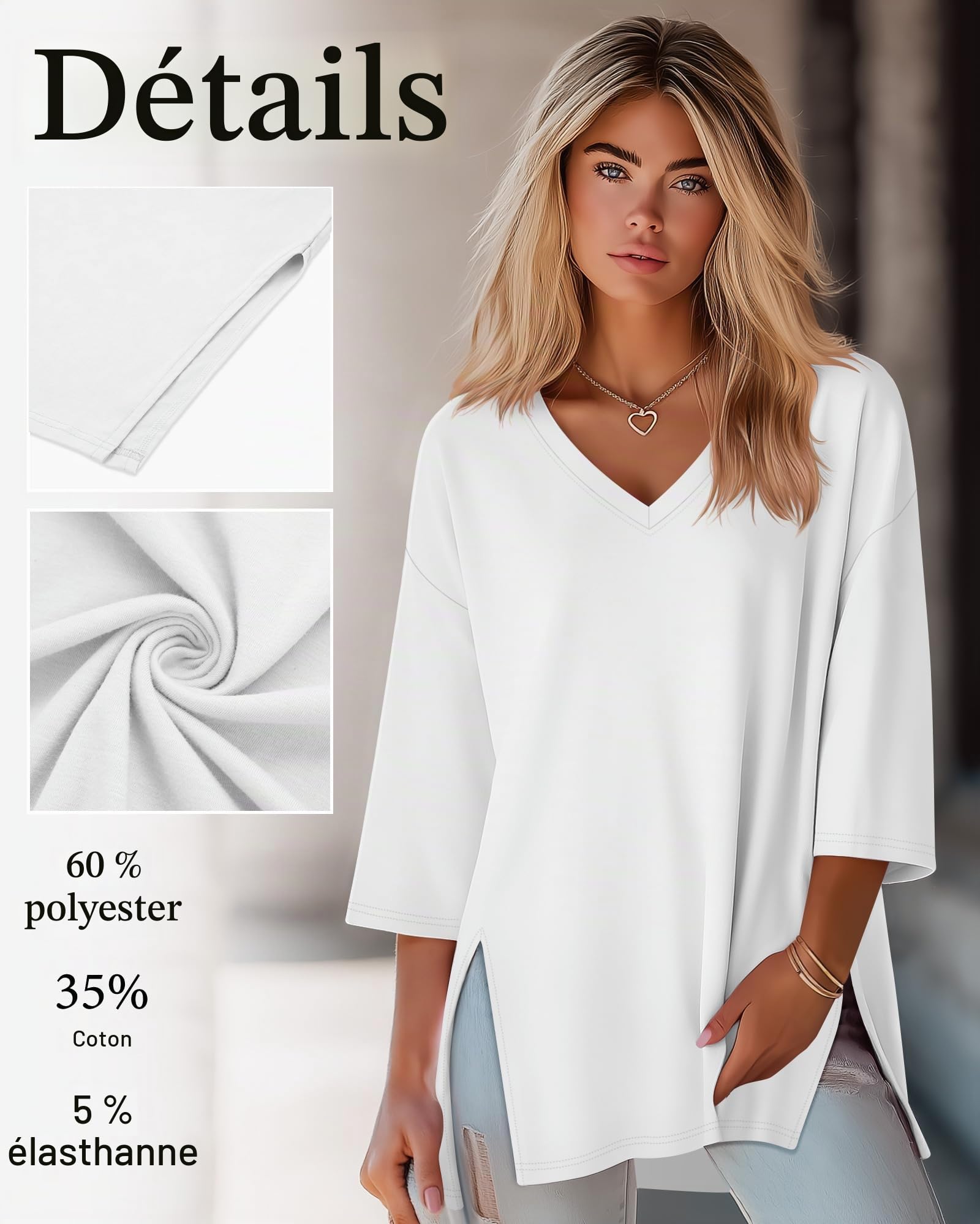 3 Tops Femme Oversize Manches 3/4 Col V | Tuniques À Fentes Latérales, T-shirts Amples, Vêtements Respirants, Hauts DécontractéS, Tenue Superposée, Mode Automne