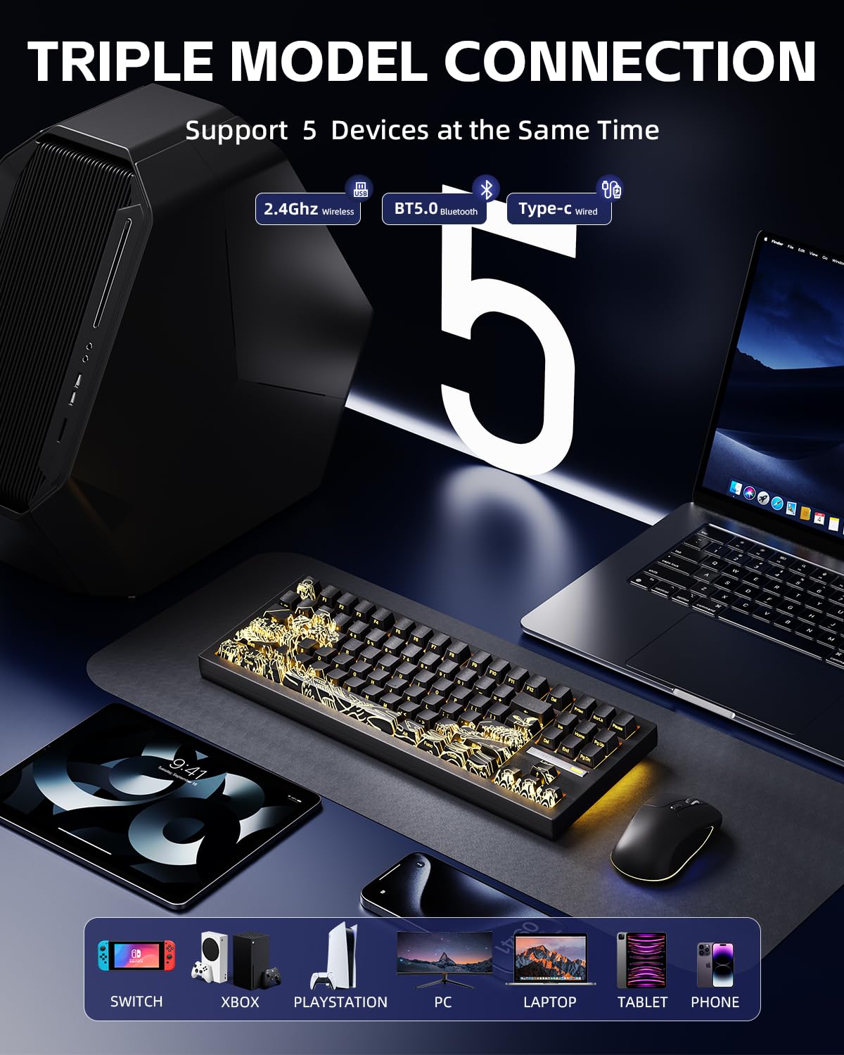 ZORNHER Tastiera meccanica da gioco wireless ZH870, tastiera nera con suono cremoso personalizzato all'80% con lucentezza, tasti Kanagawa IMD PBT, interruttori lineari pre-lubrificati, sostituibile a