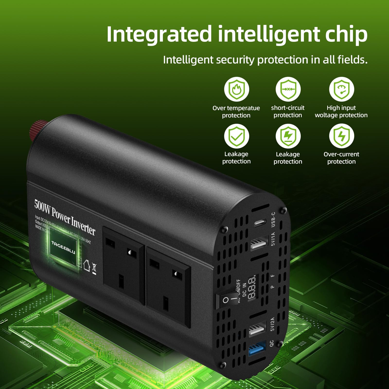 TAGEEBLU 12V 500W Power Inverter 12v to 240v, Car Voltage Converter Transformer with 2 3-Pin Sockets & 2-USB & 1 QC & 1-Type-C Ports for Charging Phones, Laptop, Tablets, TV, Camping Equipment — view 7