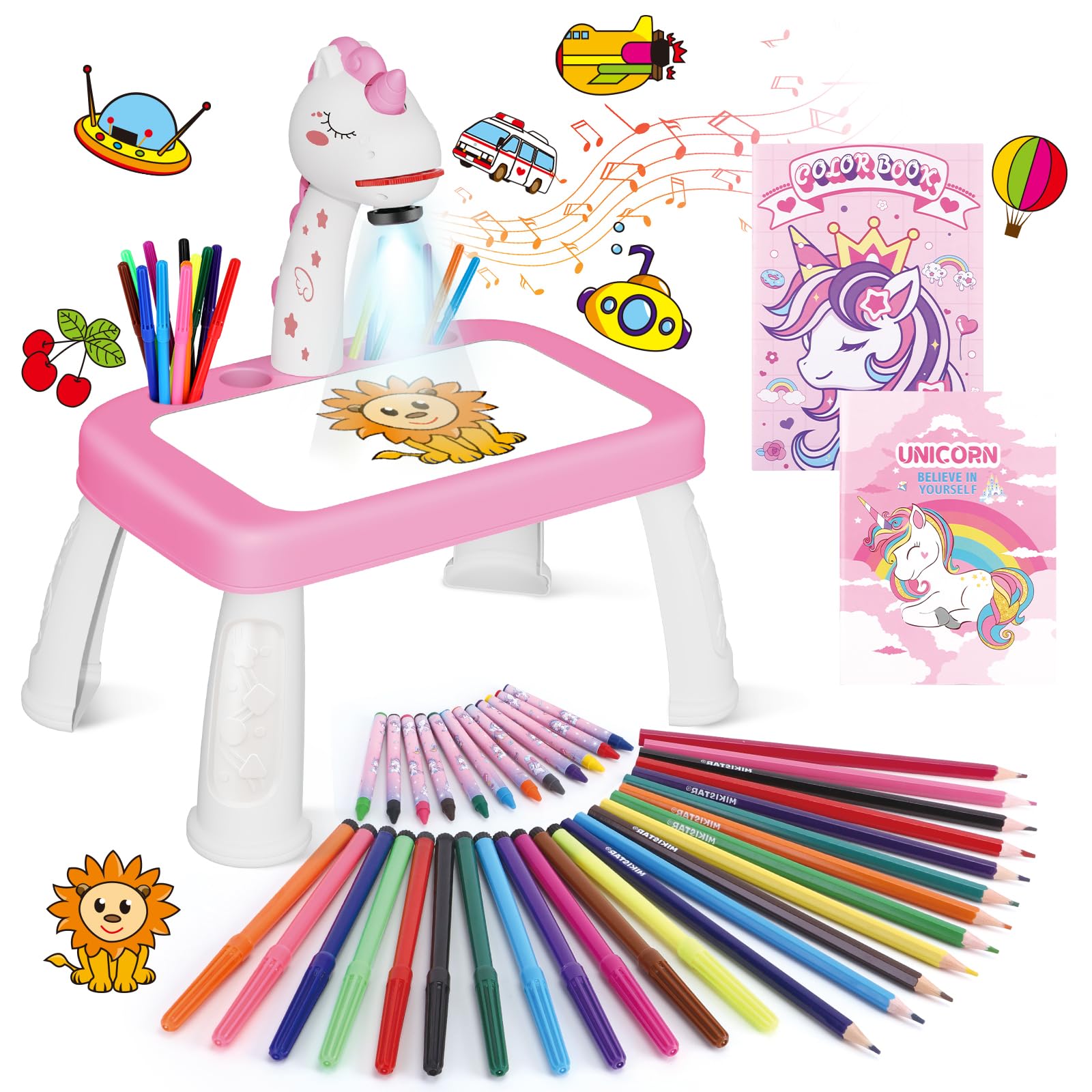 Drawing Projector for Kids, Art and Crafts, Drawing Board with Color Pens, Pencils, Crayons, Scrapbook, Unicorn Sticker Book, Ideal Toy for 3+ Year Old Girls & Boys (Unicorn Kit)