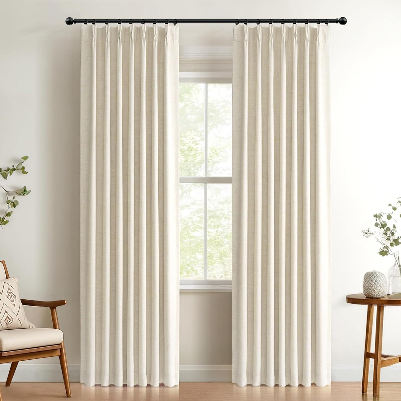 Photo 1 of 100% Blackout Shield Linen Look Textured Pinch Pleated Curtains Blackout Drapes 96 Inch Long 2 Panels Set, Faux Linen Blackout Curtains for Bedroom & Living Room, 40" W x 96" L, Cream Beige